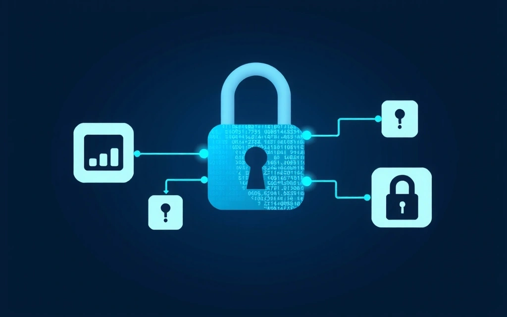 Icono de un candado digital y datos fluyendo de forma segura