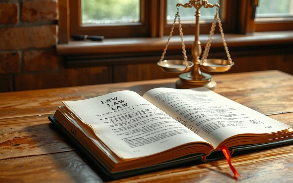 Libro de leyes antiguo sobre una mesa de madera con una balanza de la justicia
