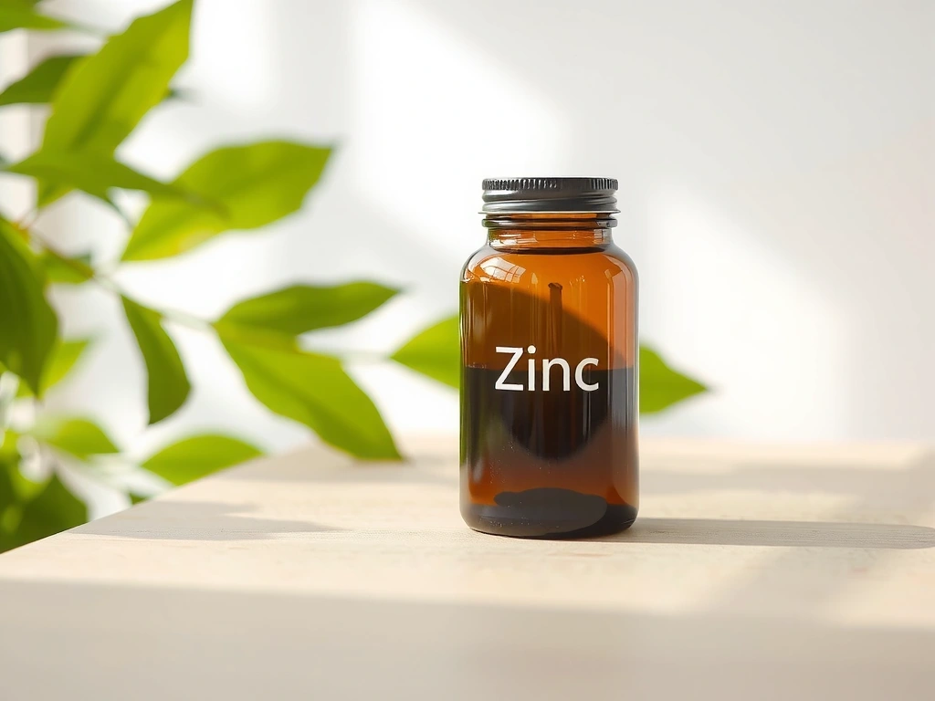 Frasco de suplemento de Zinc con fondo natural.