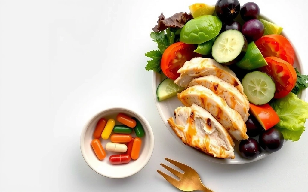 Imagen de un plato de comida saludable y vitaminas.