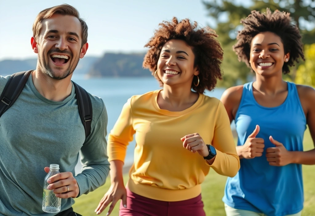 Personas saludables y felices disfrutando de la naturaleza, simbolizando vitalidad y bienestar.