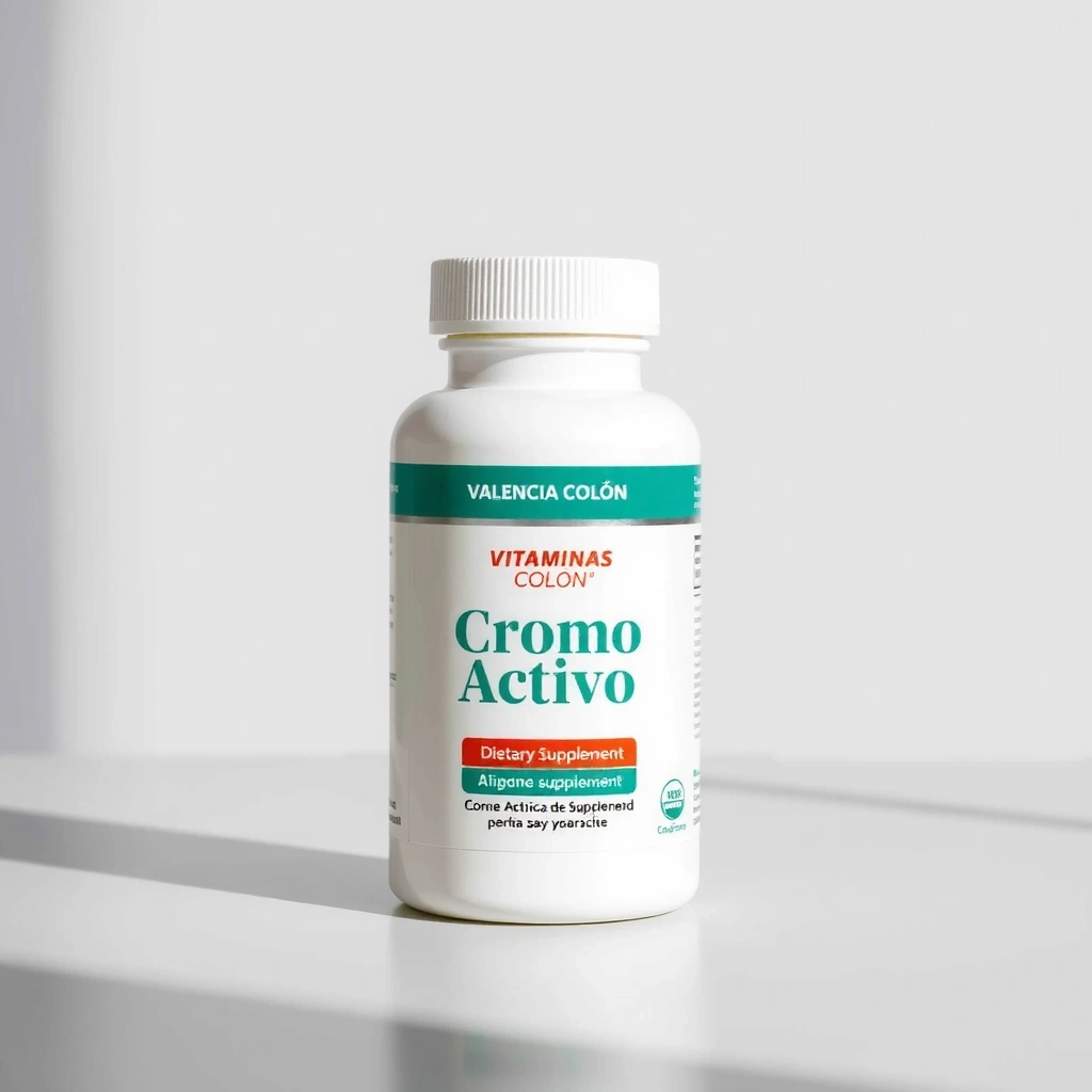 Frasco de Cromo Activo de Vitaminas Valencia Colón sobre un fondo neutro y elegante.