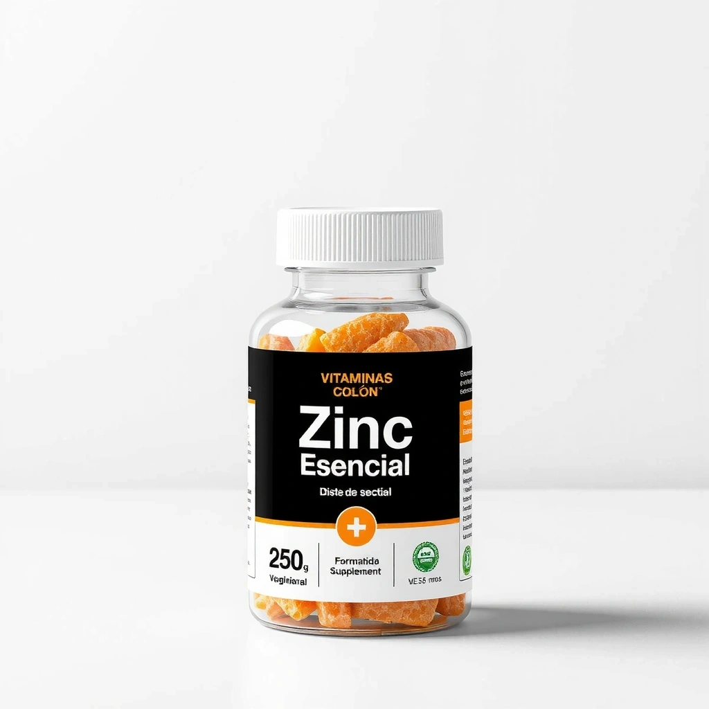 Frasco de Zinc Esencial de Vitaminas Valencia Colón, con un diseño moderno y minimalista, sobre un fondo suave que sugiere salud y pureza.